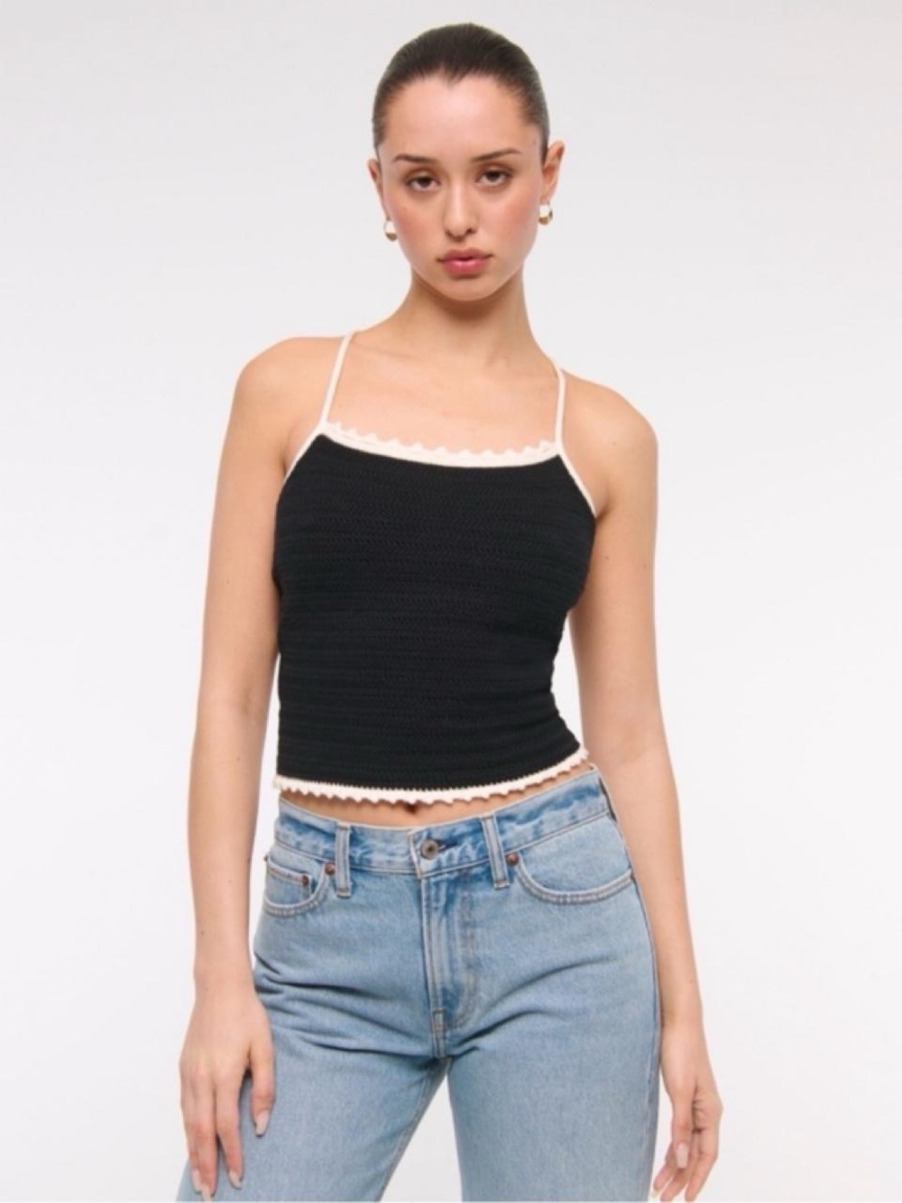 Black Crochet Tank Top with White Trim - Women
